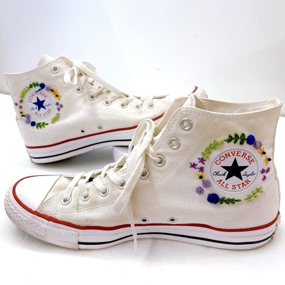 Converse Chuck Taylor Flower Embroidered Womens 12 Mens 10 All Star High Classic - Picture 1 of 10